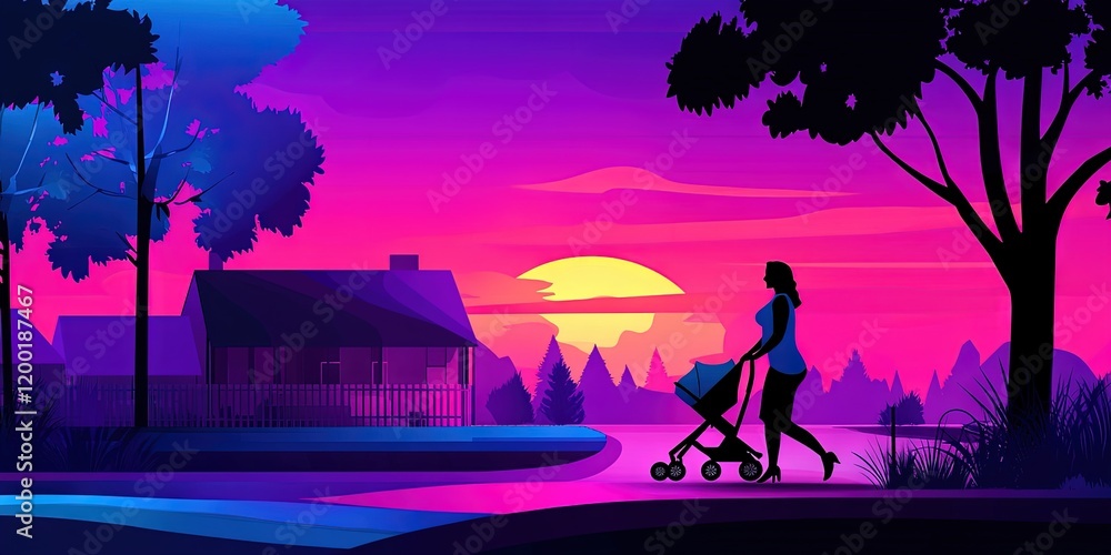 illustration happy woman pushing stroller illustration happy woman pushing stroller