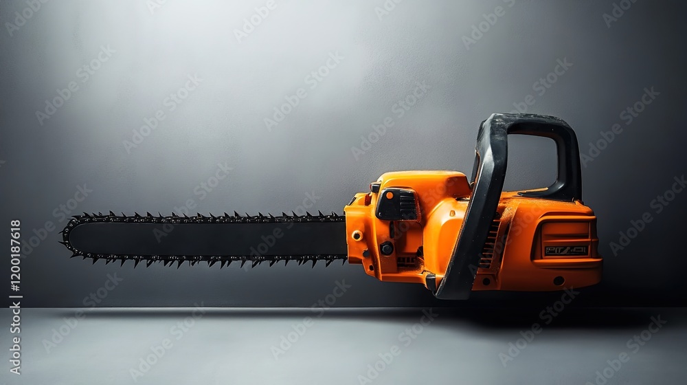 A chainsaw with an orange body and black blade is placed on a gray background A chainsaw with an orange body and black blade is placed on a gray background