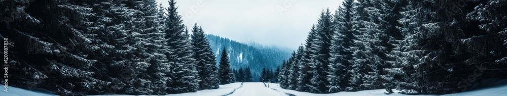Fototapeta premium Snow-covered forest road in winter with tall pine trees and fog