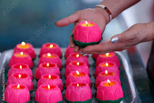 Photography Pink lotus flowers candles at the Thean Hou Temple