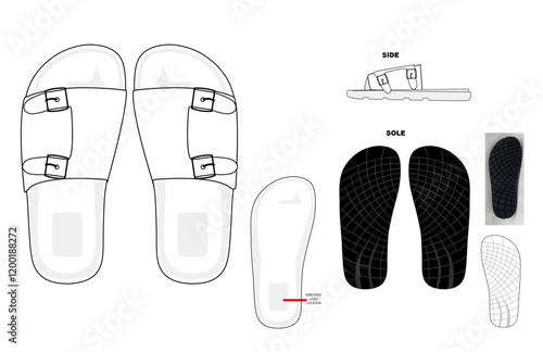Slip on Shoe with double buckles technical drawing