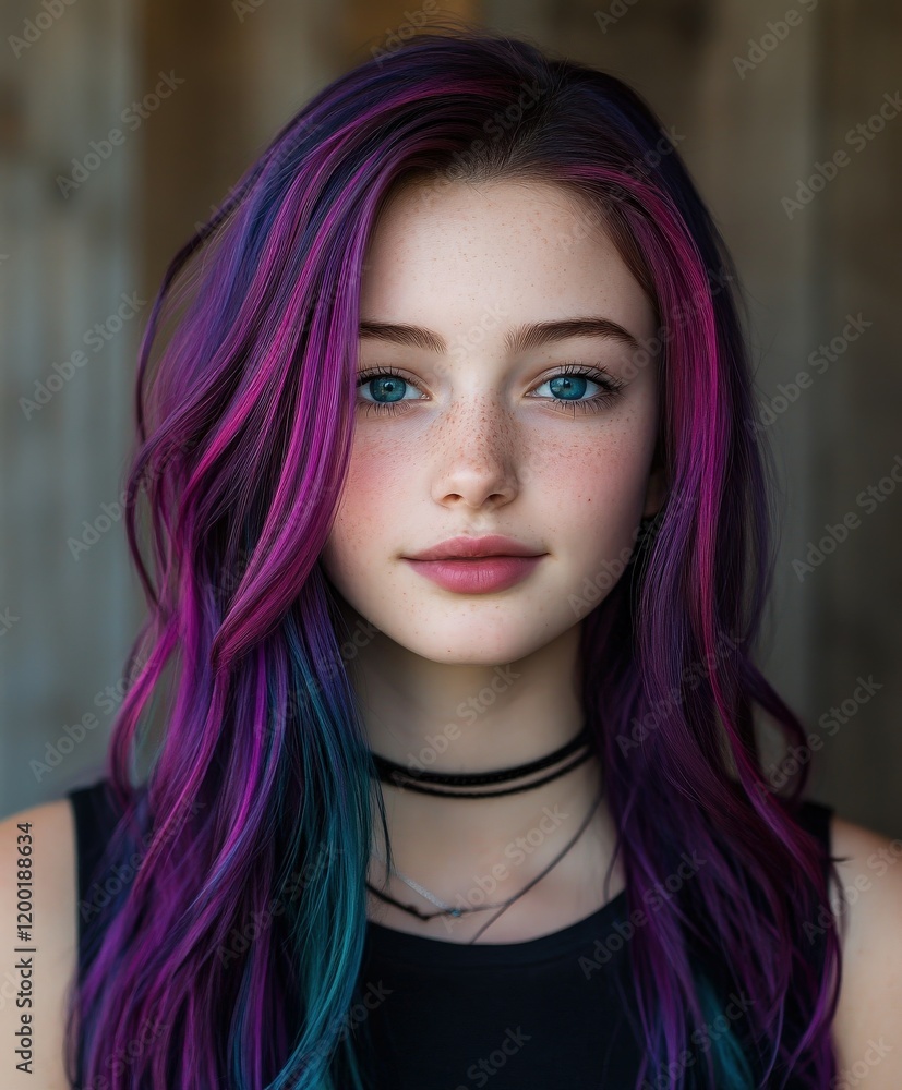 Fototapeta premium Girl with vibrant purple and teal hair posing indoors, natural look