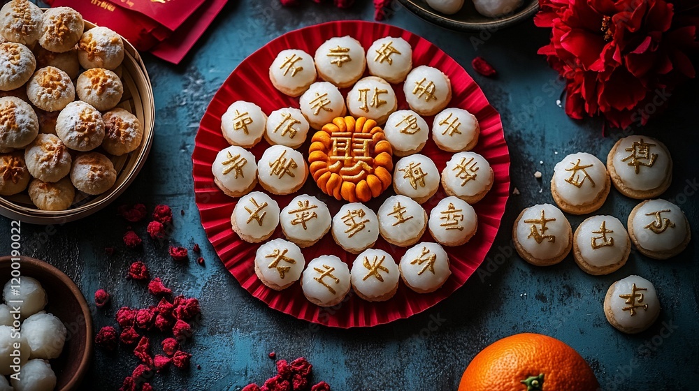 Fototapeta premium Chinese New Year cookies arranged on a red plate.