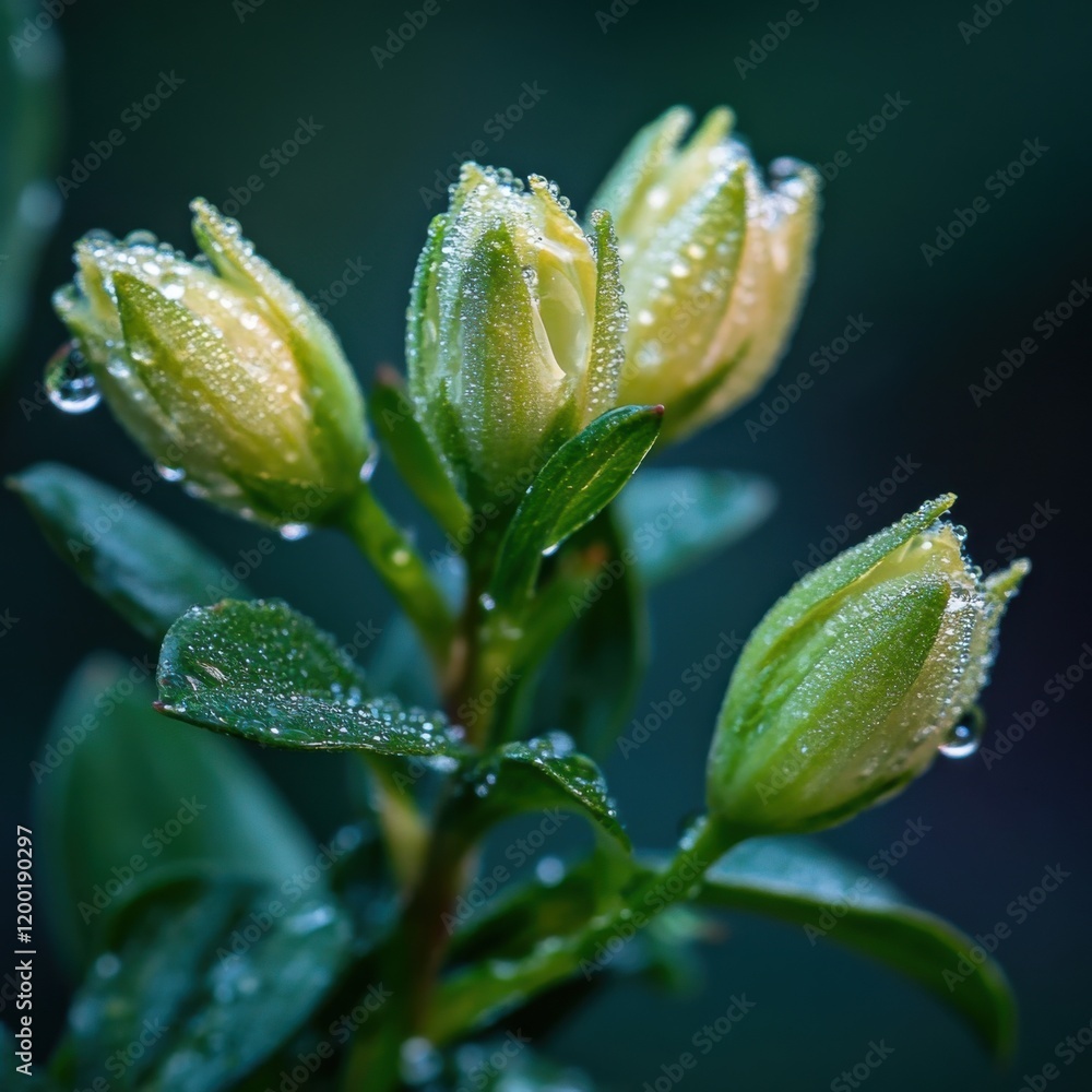 Fresh green buds with dew droplets, macro photography, natural colors, symbolizing growth and renewal Fresh green buds with dew droplets, macro photography, natural colors, symbolizing growth and renewal