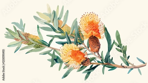 Exquisite Banksia Watercolor Botanical Illustration in Flat Vector Style