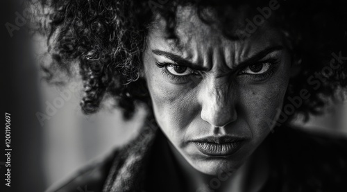 Black-and-white portrait of an angry, middle-aged, mixed-race woman with curly hair