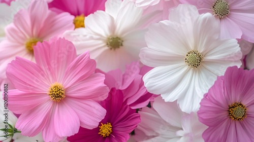A vibrant arrangement of pink and white cosmos flowers, showcasing their delicate petals and bright yellow centers.