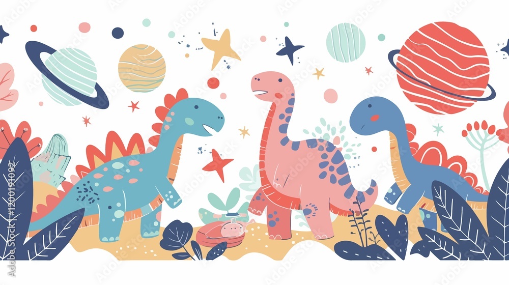Fototapeta premium Cute Hand Drawn Childish Dinosaur Composition