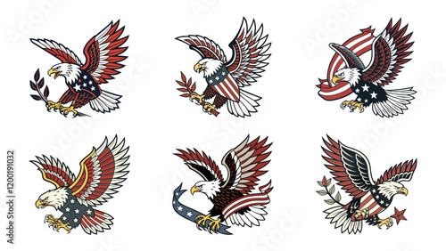 Set Of Patriotic Eagle with Fireworks Tattoo Vector