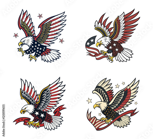 Set Of Flying Eagle Holding a Freedom Banner Tattoo Vector