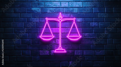 Neon Scales of Justice Symbol in Bright Pink Light on a Dark Brick Wall Background