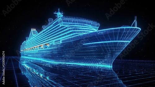 Futuristic Digital Wireframe of a Cruise Ship with Neon Blue Lines on a Starry Background