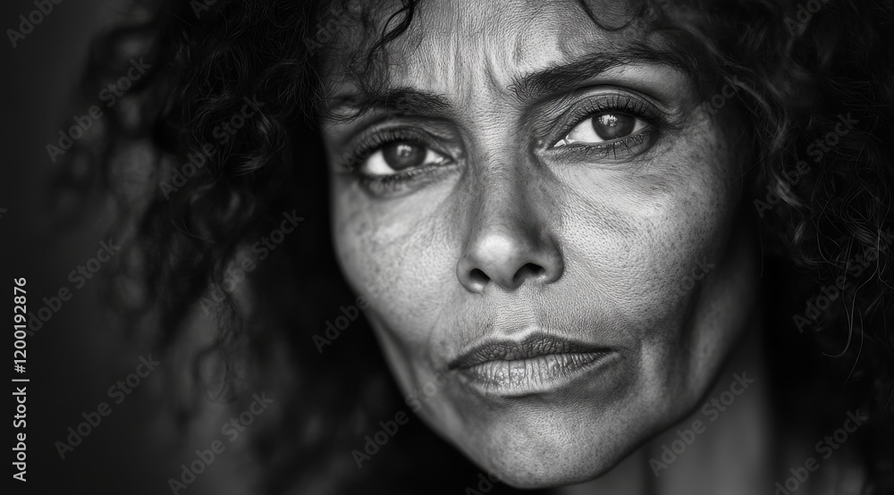 Black-and-white portrait of an angry, middle-aged, mixed-race woman with curly hair Black-and-white portrait of an angry, middle-aged, mixed-race woman with curly hair