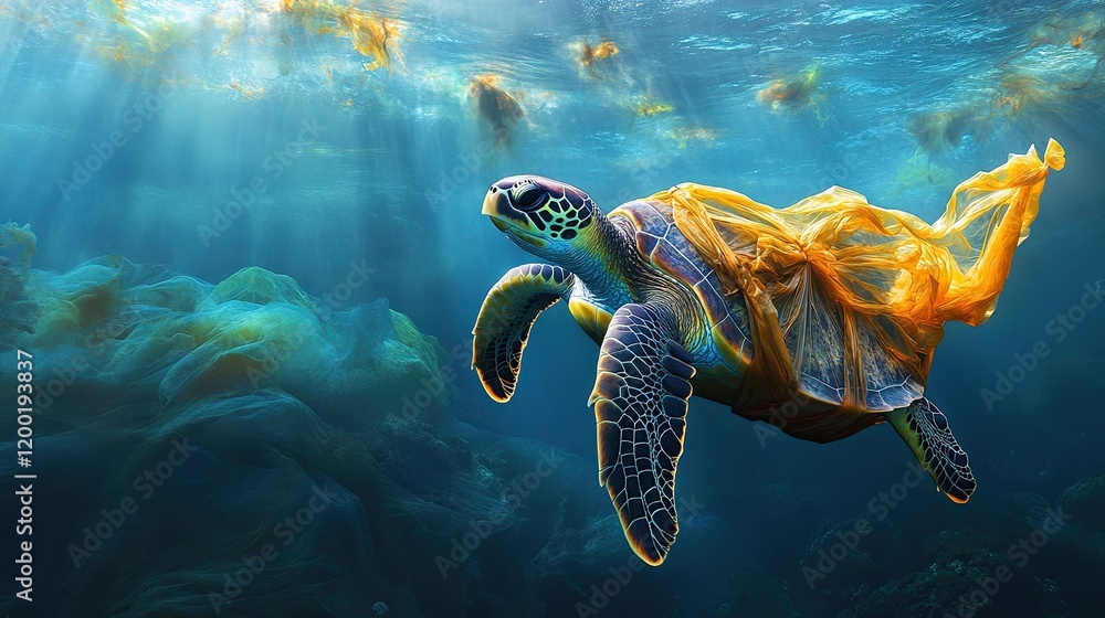 Fototapeta premium Sea turtle swimming gracefully through vibrant underwater landscape with flowing fabric in sunny waters