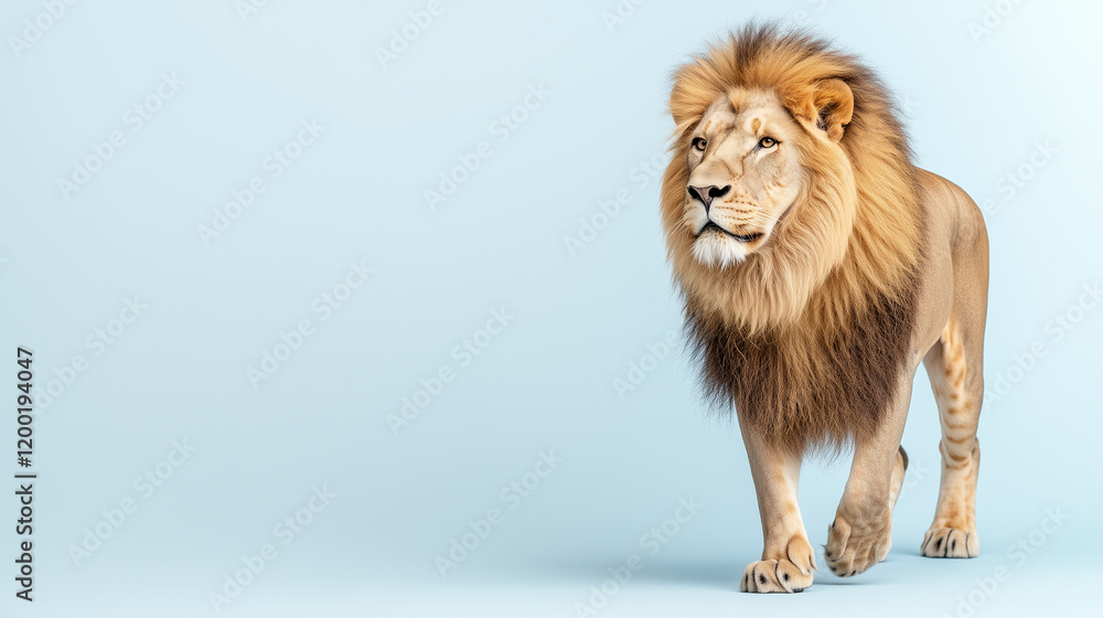 Obraz premium Lion walks leisurely across a plain background showcasing its majestic mane and posture
