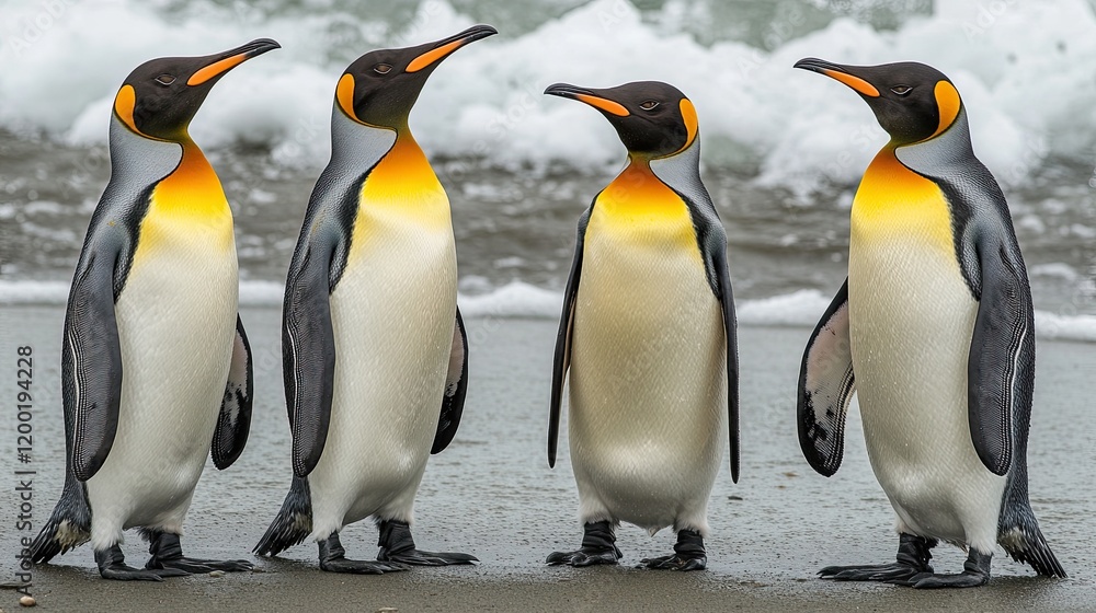 Fototapeta premium Four regal penguins stand on a sandy beach near the ocean waves in Antarctica during a sunny day