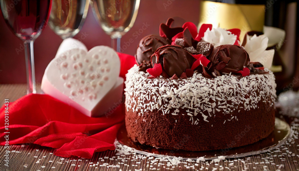 Valentines - Love - Delicious Love Cake with hearts, chocolate, coconut flakes, love in the air, champagne