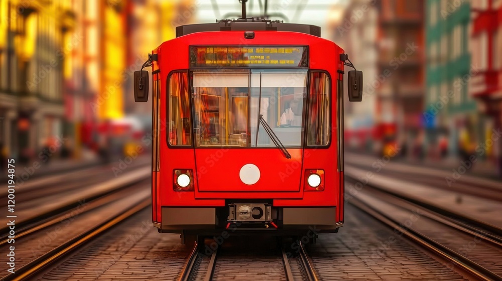 custom made wallpaper toronto digitalRetrofit infrastructure for sustainable investment. Vibrant red tram on railway tracks in a colorful urban setting.