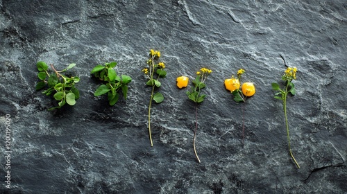 A minimalist deconstructed dessert with micro-herbs and edible gold, arranged symmetrically, isolated on a slate-gray surface photo