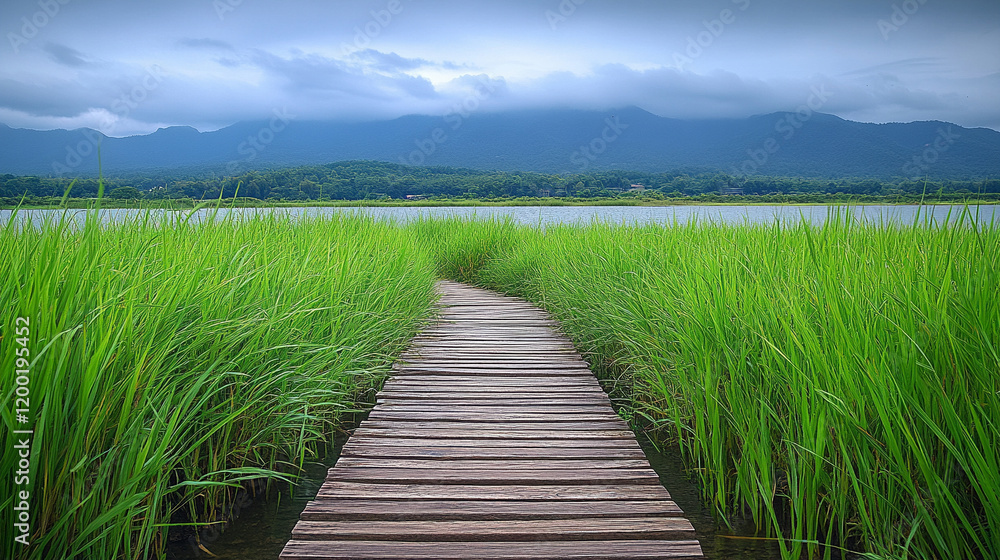 Fototapeta premium A symbolic wooden path winding through a serene natural landscape, representing the journey to success. Modern blurred background with space for copy enhances versatility for creative projects. 