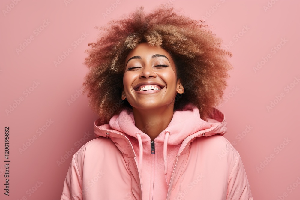 Joyful expression of a woman in a pink jacket against a pastel backdrop. Generative AI Joyful expression of a woman in a pink jacket against a pastel backdrop. Generative AI
