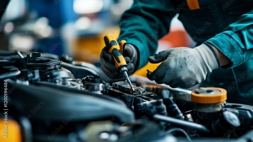 A US mechanic repairing a vehicle engine, tools organized, isolated on a clean white background, A US mechanic repairing a vehicle engine, tools organized, isolated on a clean white background,