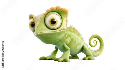Cartoon chameleon with big eyes and vibrant colors standing alone on a plain background