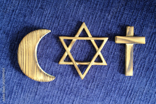 Islam, Christianity, Judaism. Symbol of the three monotheistic religions. Cross, star of David and muslim crescent. Inteerligious or interfaith concept. photo