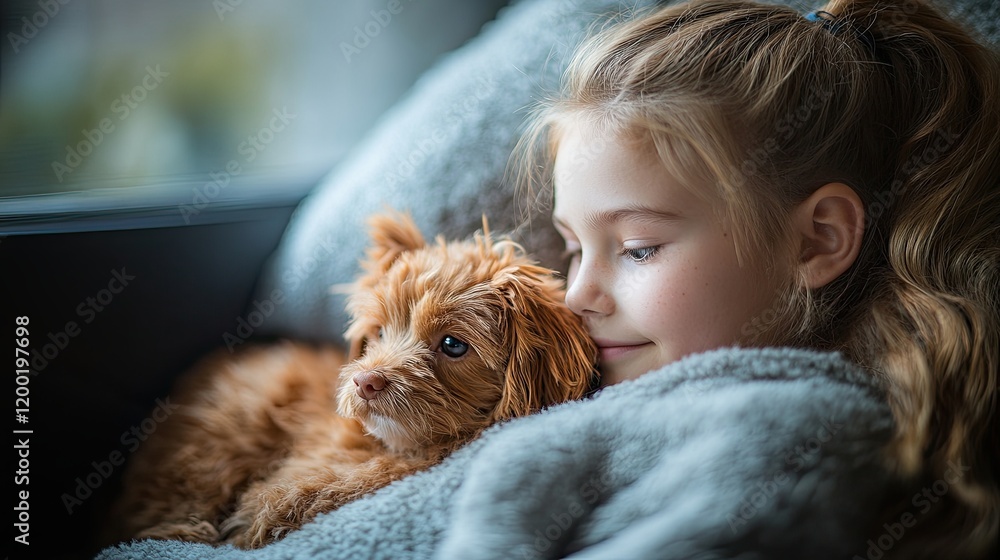Young girl enjoys a cozy moment with her small dog while sitting by the window on a chilly day Young girl enjoys a cozy moment with her small dog while sitting by the window on a chilly day