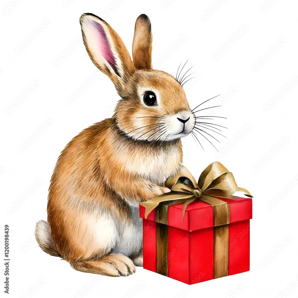 Obraz premium Rabbit with red gift box isolated on white background