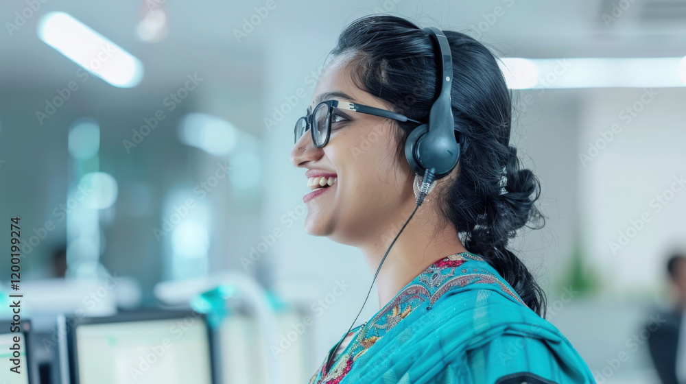 Cheerful customer service representative assisting clients while wearing a headset indoors in a modern office environment during daytime hours Cheerful customer service representative assisting clients while wearing a headset indoors in a modern office environment during daytime hours