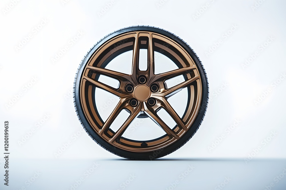 Fototapeta premium bronze alloy car wheel with sleek design, tire tread, and brake disc for high-performance automotive style and precision engineering