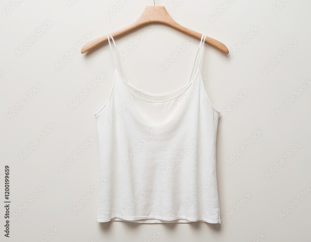 A simple white camisole top hanging on a wooden hanger against a light background. A simple white camisole top hanging on a wooden hanger against a light background.