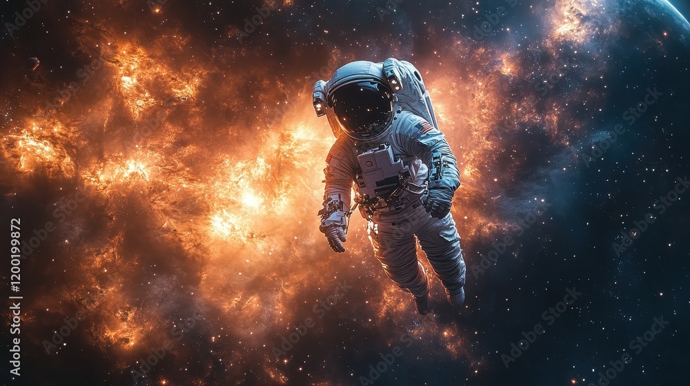 Fototapeta premium An astronaut floats in space amidst a vibrant cosmic explosion.