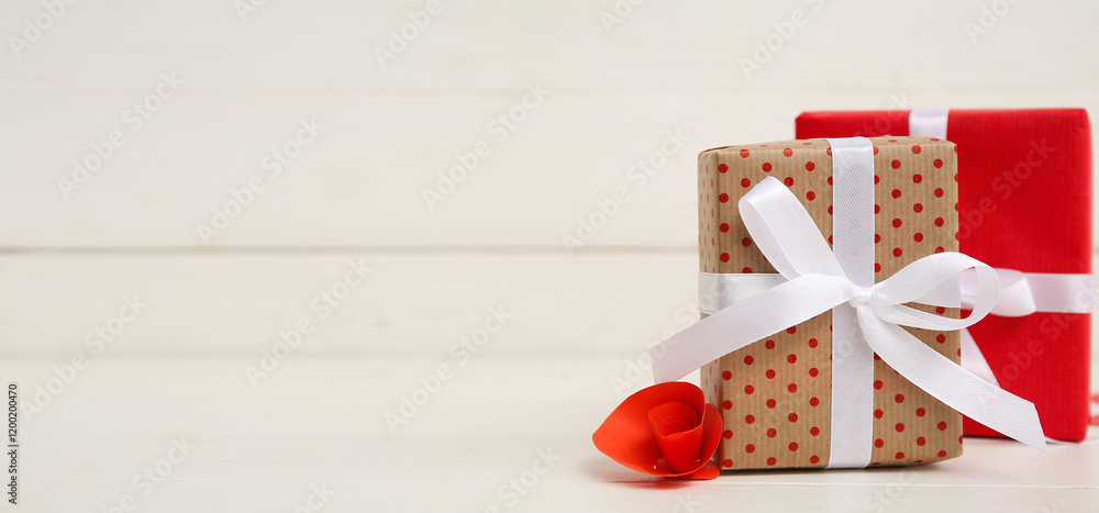 Gift boxes for Valentine's Day celebration on light wooden background Gift boxes for Valentine's Day celebration on light wooden background