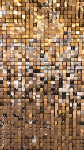 Gold disco party pattern. Yellow square sequin mosaic texture background.