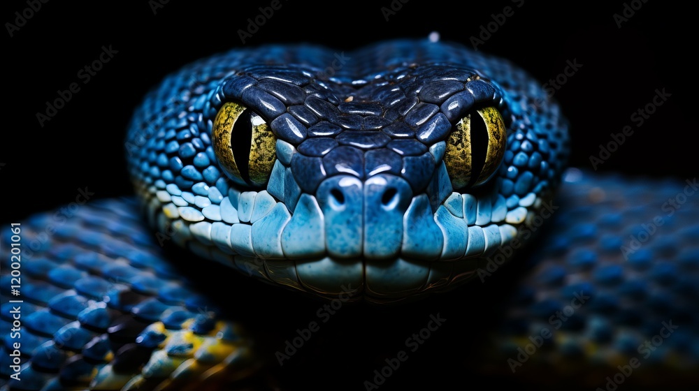 Fototapeta premium Majestic blue snake reveals enchanting details in the darkness. Generative AI