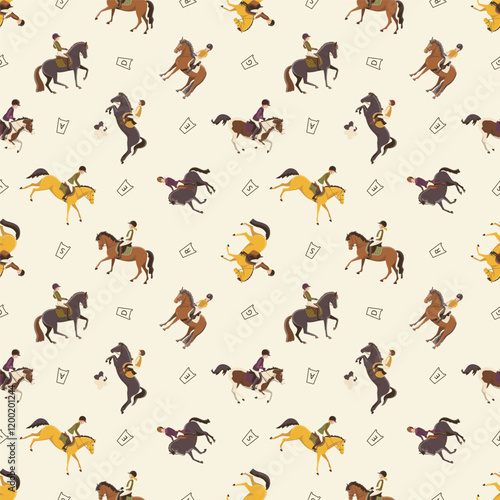 Seamless pattern of horseback riders performing dressage and jumping on various ponies