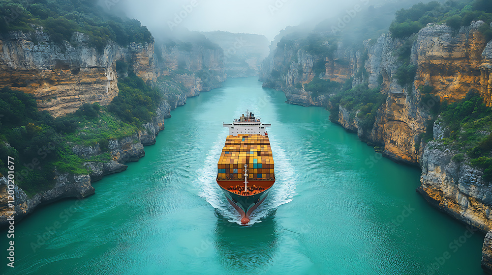 A large cargo ship is navigating through a narrow, scenic canyon with turquoise water and steep, rocky cliffs covered in greenery, creating a striking contrast between the natural landscape and the in A large cargo ship is navigating through a narrow, scenic canyon with turquoise water and steep, rocky cliffs covered in greenery, creating a striking contrast between the natural landscape and the in