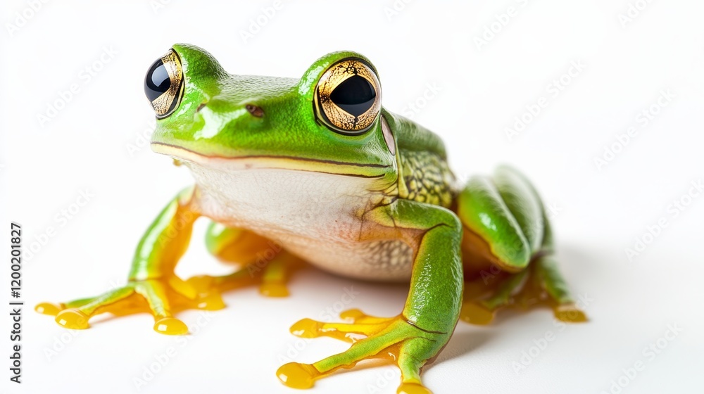 Obraz premium A vibrant green frog sitting on its hind legs, its eyes wide, isolated on a clean white backdrop,