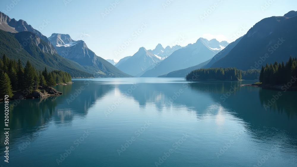 Captivating teal waters ripple under a mirrored sky and distant mountain silhouette in this expansive outdoor panorama Captivating teal waters ripple under a mirrored sky and distant mountain silhouette in this expansive outdoor panorama