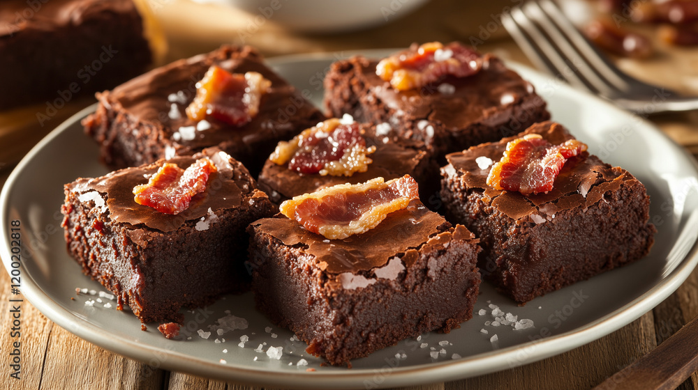 Decadent chocolate brownies topped with candied bacon, rustic wooden background Decadent chocolate brownies topped with candied bacon, rustic wooden background