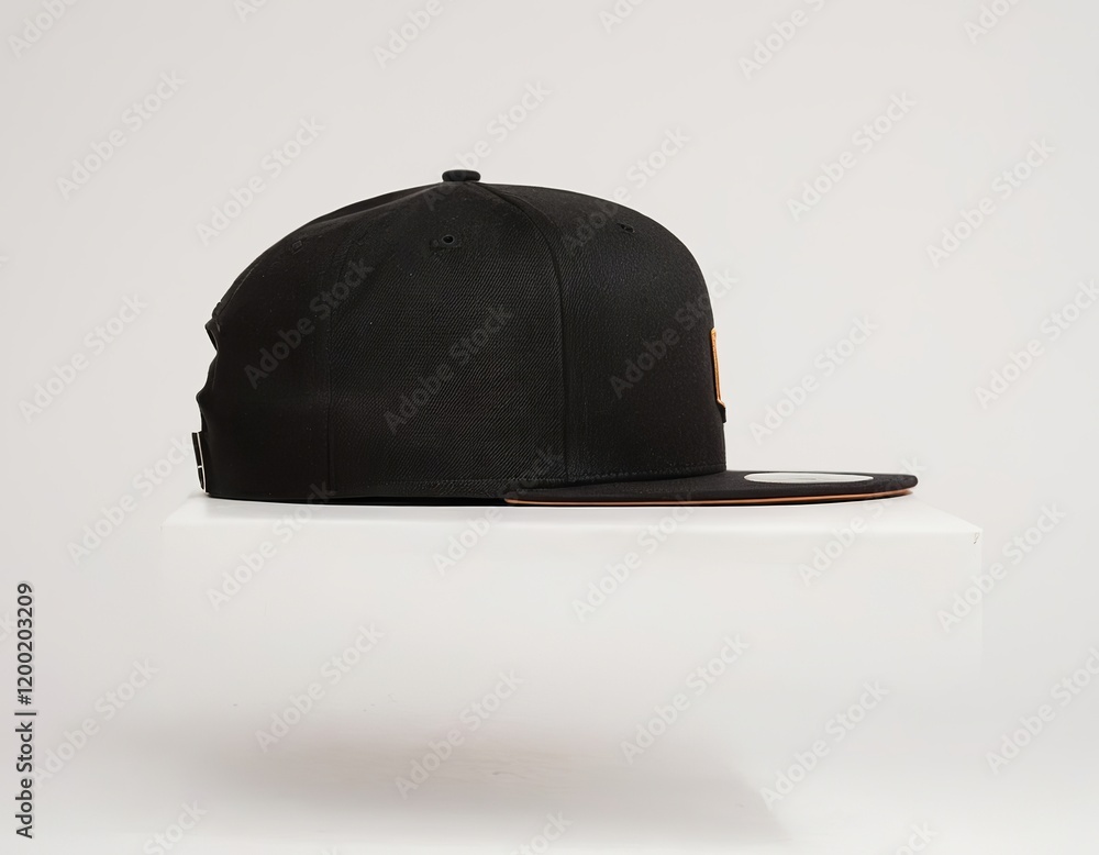 Side view of a black baseball cap with a flat brim, showcasing minimalistic design and sleek style. Side view of a black baseball cap with a flat brim, showcasing minimalistic design and sleek style.