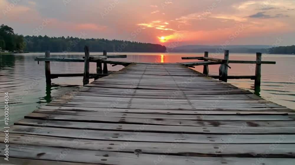 Stunning sunset over a serene lake with an old wooden pier in the foreground. 4K scenic view. Stunning sunset over a serene lake with an old wooden pier in the foreground. 4K scenic view.