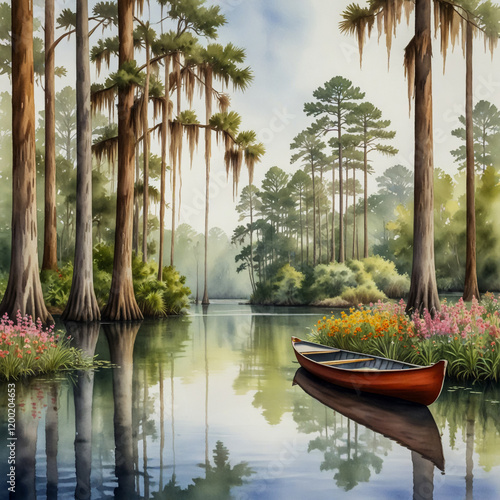 watercolor illustration of Moncks Corner, South Carolina, showcasing the serene beauty of Cypress Gardens. 