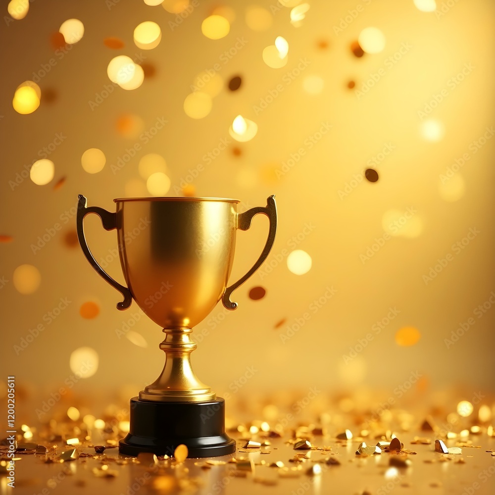 Golden Cup with Gold Confetti Background, trophy, award, victory, championship, success, celebration Golden Cup with Gold Confetti Background, trophy, award, victory, championship, success, celebration