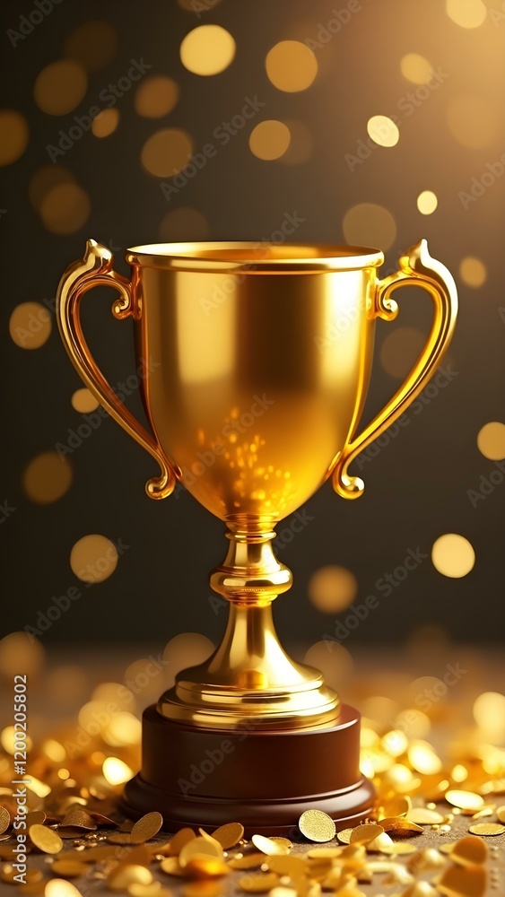 Golden Cup with Gold Confetti Background, trophy, award, victory, championship, success, celebration Golden Cup with Gold Confetti Background, trophy, award, victory, championship, success, celebration