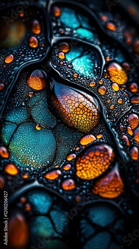   A close-up of water droplets on a surface with a blue, yellow, orange, and green color scheme