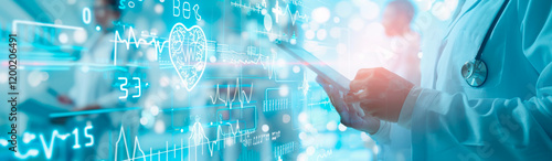 Researchers engage with digital technology displaying data related to vaccine development in a laboratory. The environment highlights advanced scientific methods and teamwork.