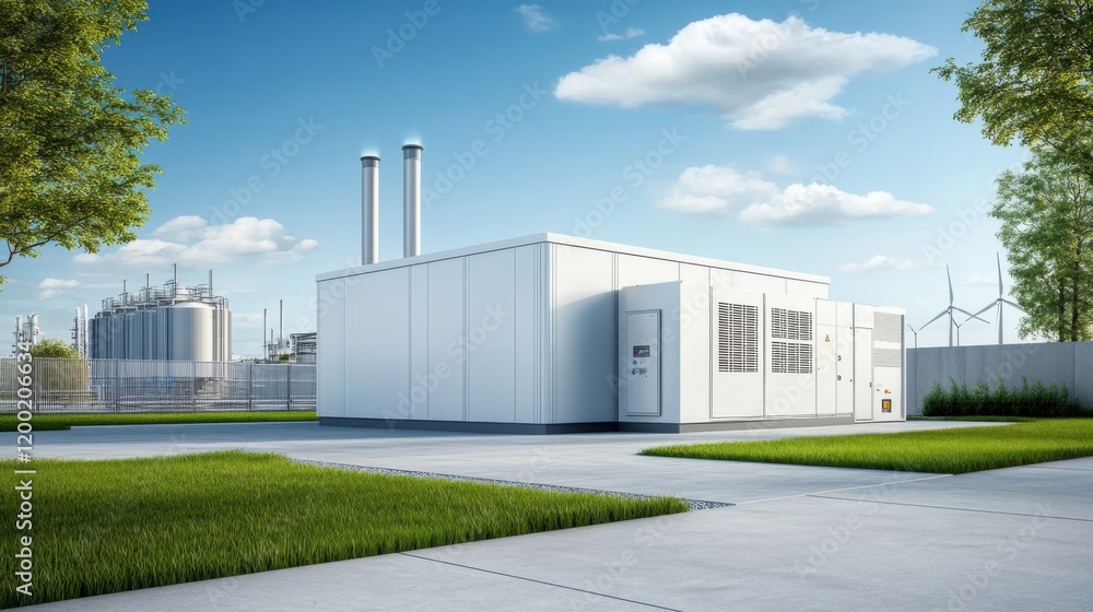 Industrial facility surrounded by greenery with modern architecture and energy infrastructure under a blue sky Industrial facility surrounded by greenery with modern architecture and energy infrastructure under a blue sky